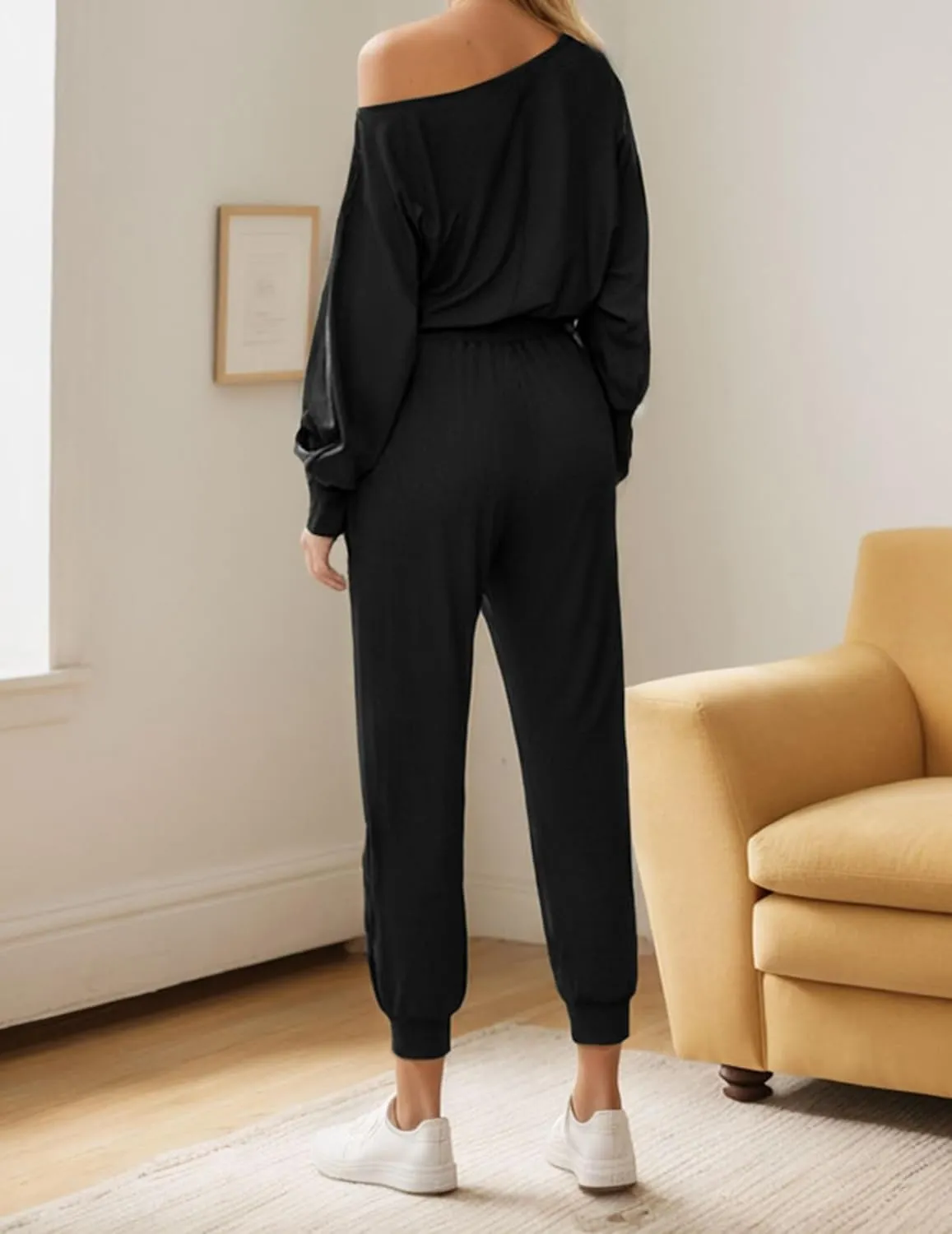 Women's 2 Piece Outfits Off Shoulder Tracksuits Ribbed Long Sleeve Pullover Jogger Pants With Pockets
