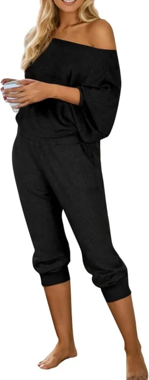 Women's 2 Piece Outfits Off Shoulder Tracksuits Ribbed Long Sleeve Pullover Jogger Pants With Pockets
