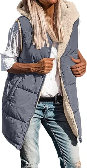 Womens 2024 Fall Fashion Reversible Vest Casual Sleeveless Lined Fleece Jacket Gilet Long Zip Up Warm Coat with Pocket