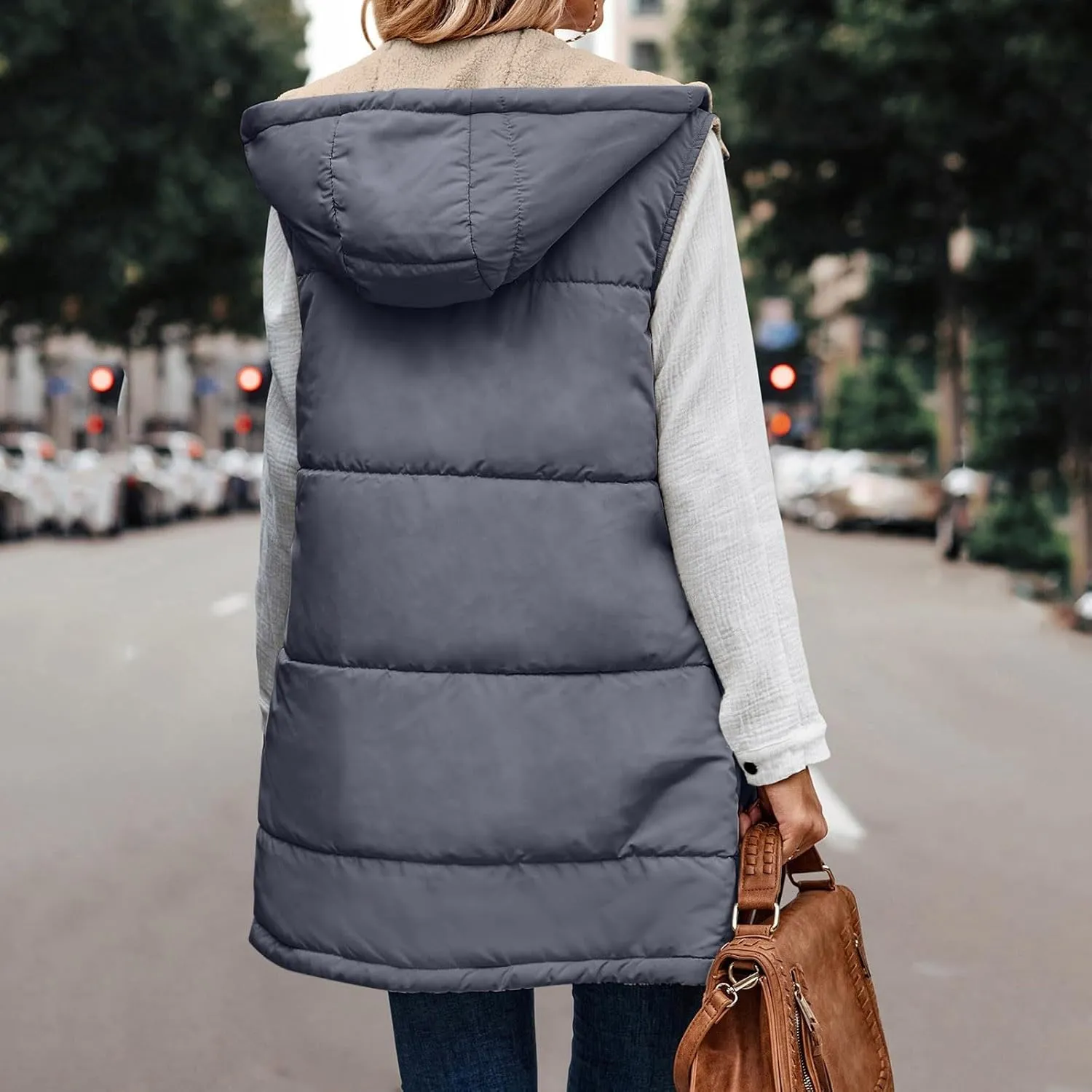 Womens 2024 Fall Fashion Reversible Vest Casual Sleeveless Lined Fleece Jacket Gilet Long Zip Up Warm Coat with Pocket