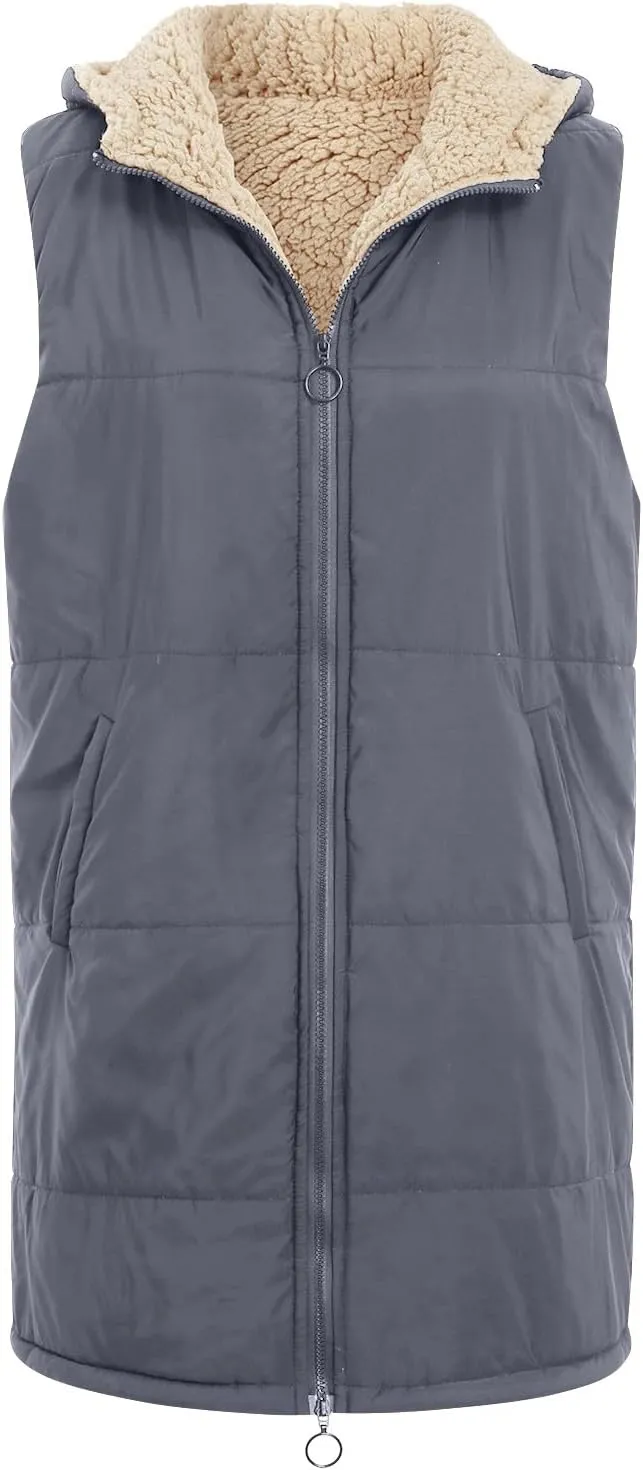 Womens 2024 Fall Fashion Reversible Vest Casual Sleeveless Lined Fleece Jacket Gilet Long Zip Up Warm Coat with Pocket