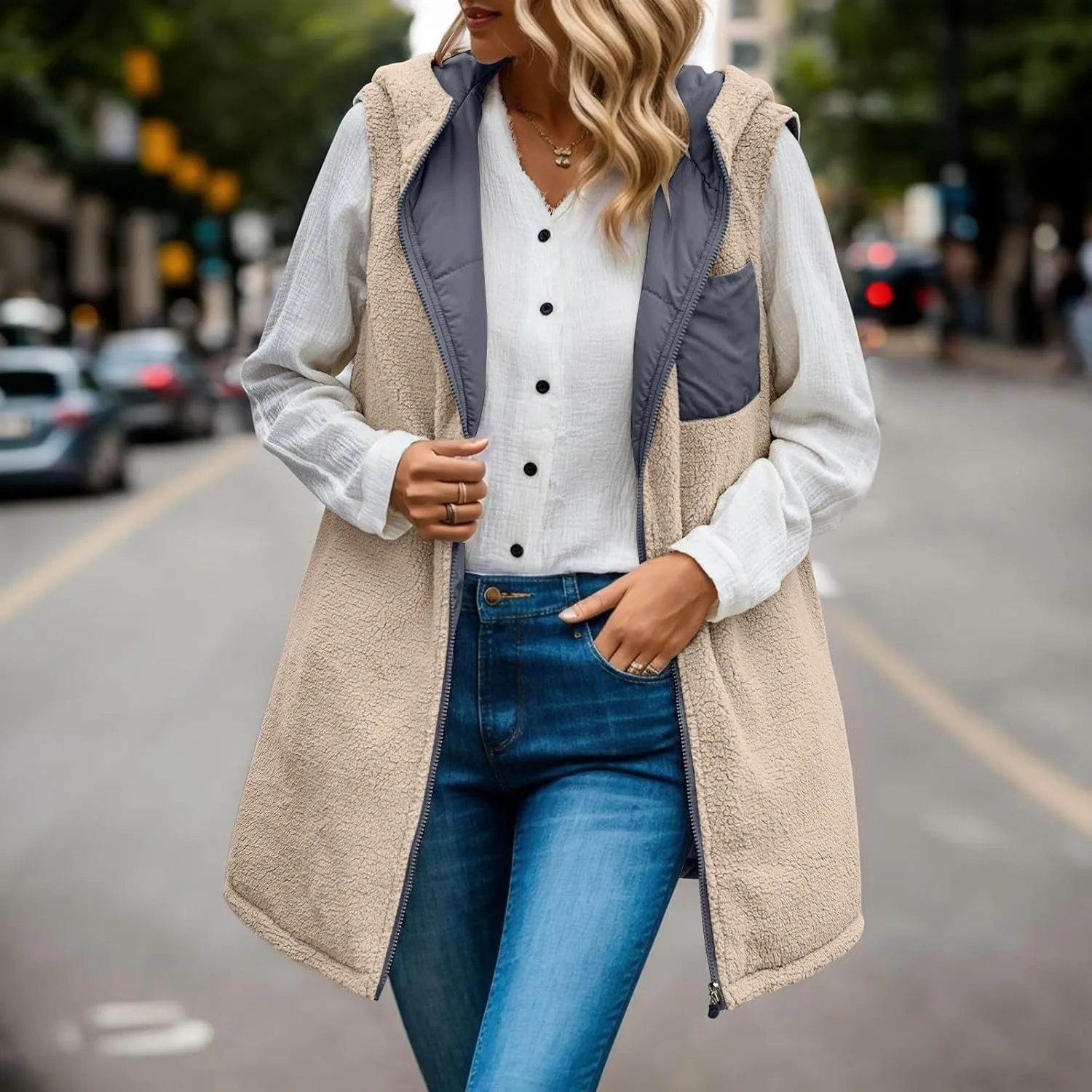 Womens 2024 Fall Fashion Reversible Vest Casual Sleeveless Lined Fleece Jacket Gilet Long Zip Up Warm Coat with Pocket