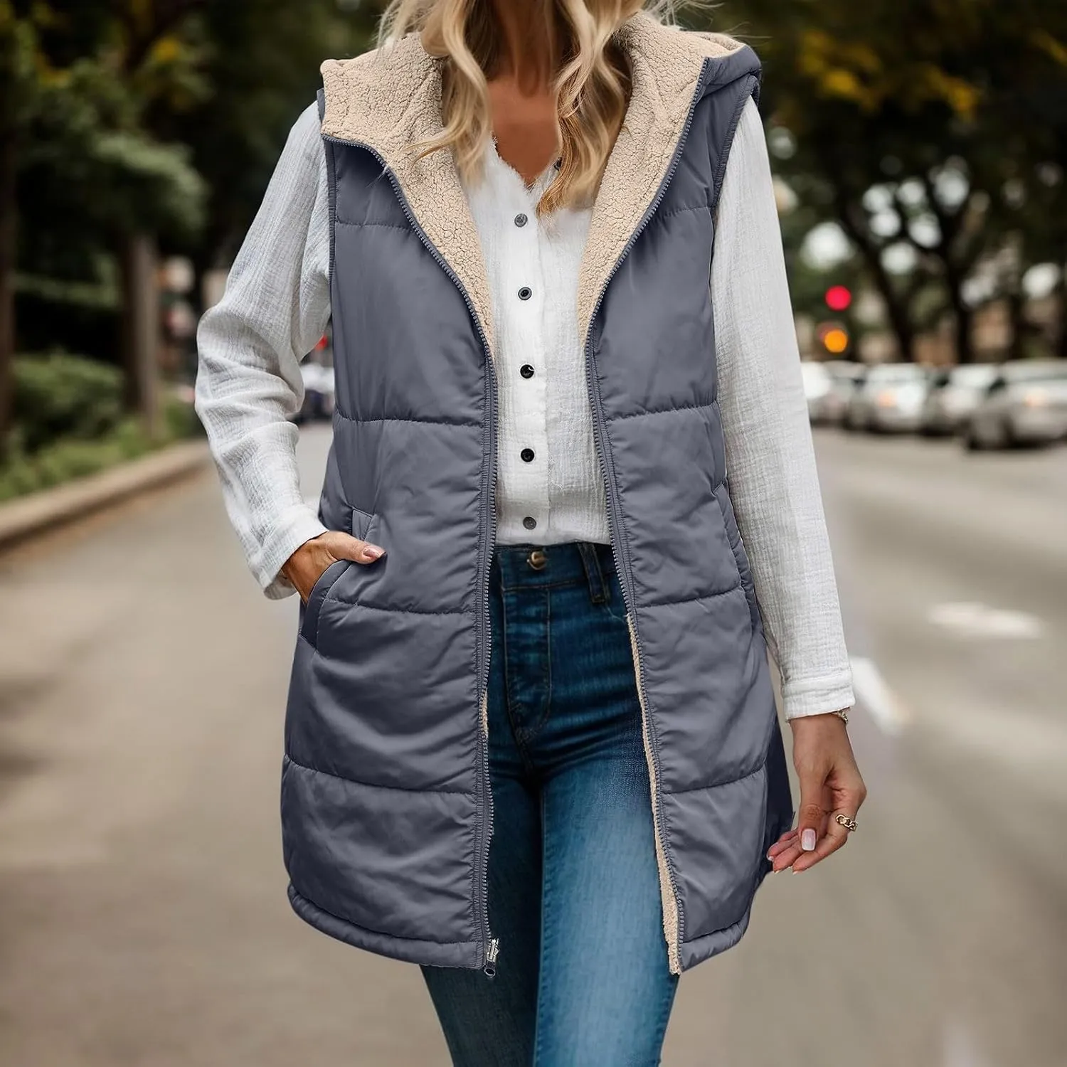 Womens 2024 Fall Fashion Reversible Vest Casual Sleeveless Lined Fleece Jacket Gilet Long Zip Up Warm Coat with Pocket