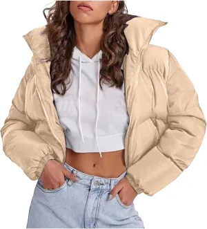 Women's 2024 Winter Long Sleeve Zip Cropped Short Puffer Jacket Parkas Pockets Baggy Down Coats Warm Quilted Jacket