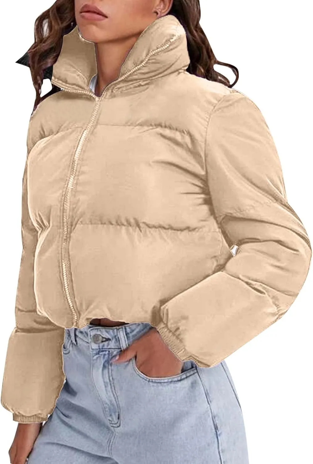 Women's 2024 Winter Long Sleeve Zip Cropped Short Puffer Jacket Parkas Pockets Baggy Down Coats Warm Quilted Jacket