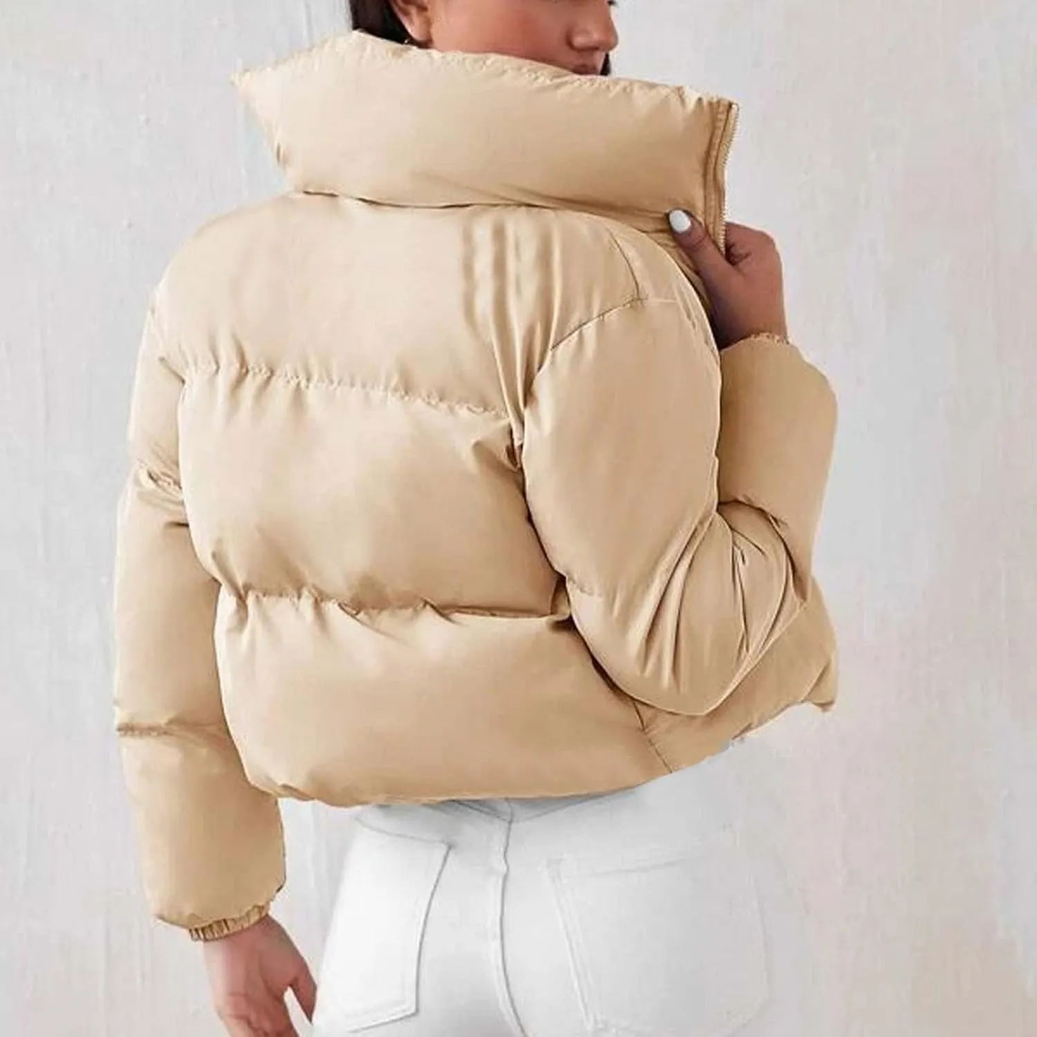 Women's 2024 Winter Long Sleeve Zip Cropped Short Puffer Jacket Parkas Pockets Baggy Down Coats Warm Quilted Jacket