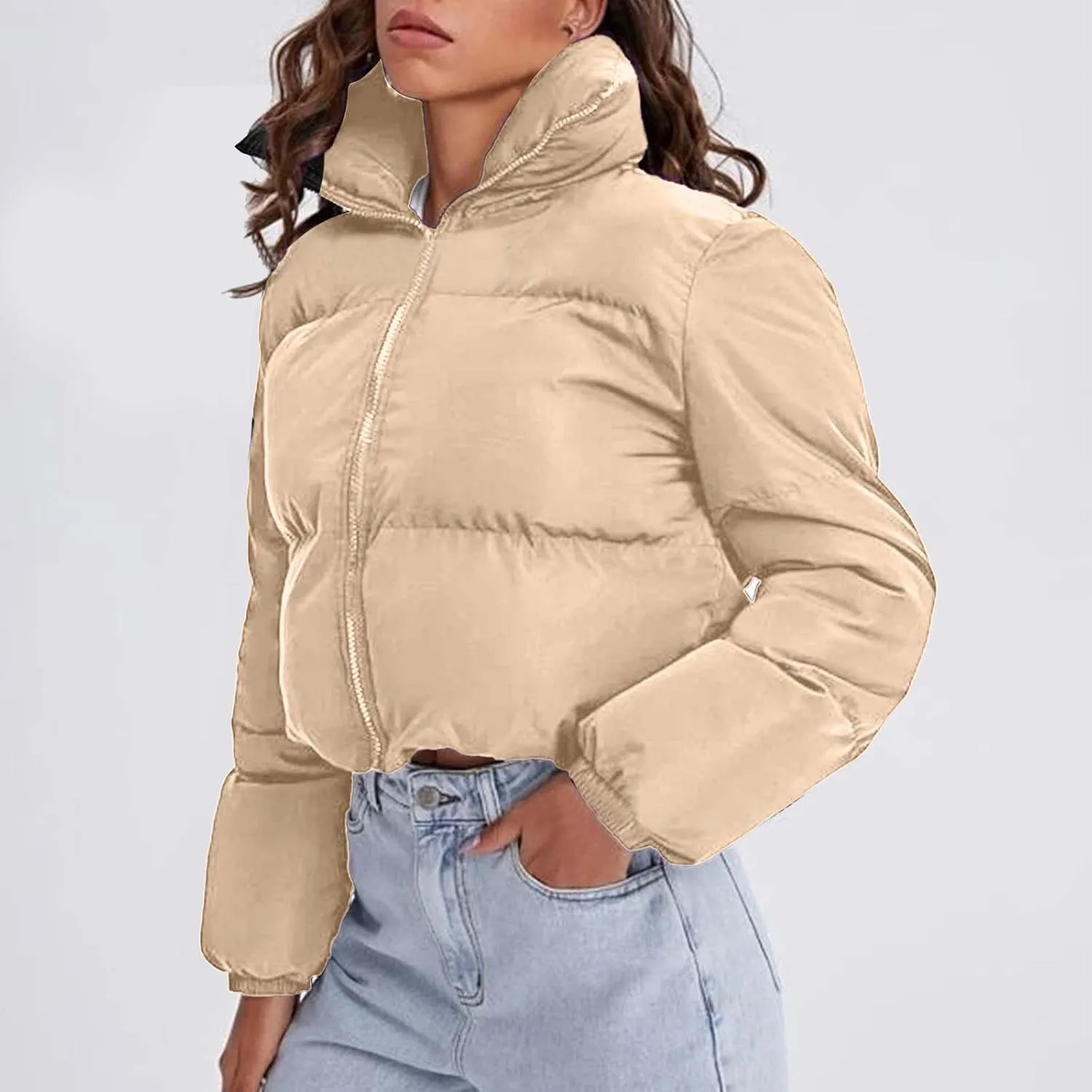 Women's 2024 Winter Long Sleeve Zip Cropped Short Puffer Jacket Parkas Pockets Baggy Down Coats Warm Quilted Jacket