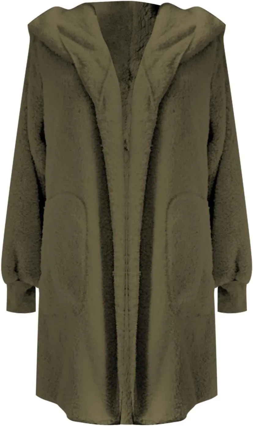 Womens 2024 Winter Outerwear Long Sleeve Solid Fuzzy Fleece Open Front Hooded Cardigans Jacket Coats with Pocket