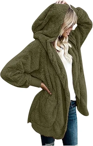 Womens 2024 Winter Outerwear Long Sleeve Solid Fuzzy Fleece Open Front Hooded Cardigans Jacket Coats with Pocket