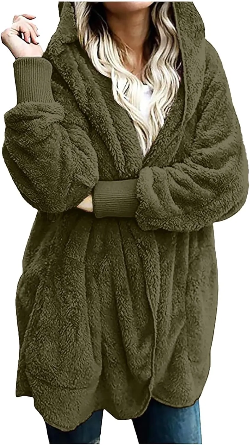 Womens 2024 Winter Outerwear Long Sleeve Solid Fuzzy Fleece Open Front Hooded Cardigans Jacket Coats with Pocket