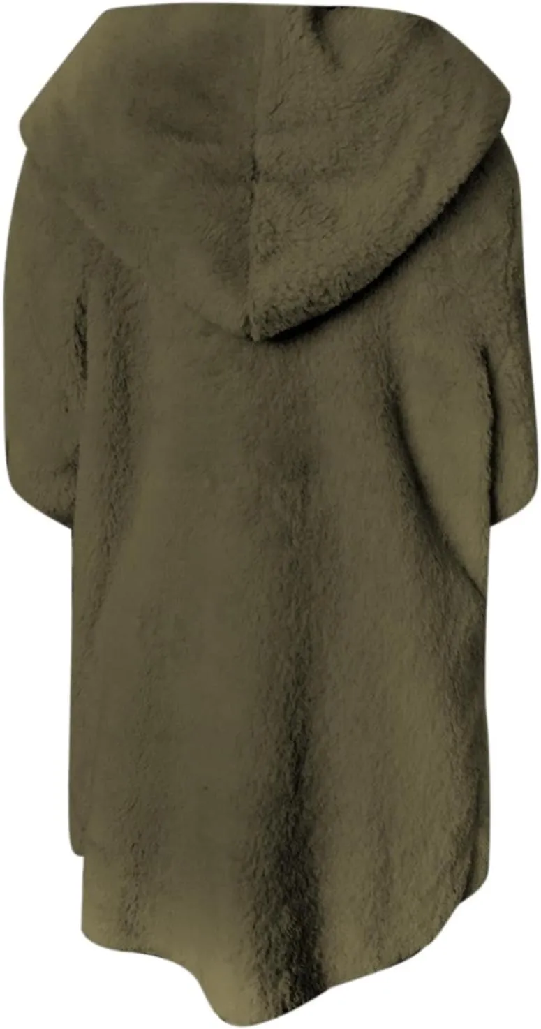 Womens 2024 Winter Outerwear Long Sleeve Solid Fuzzy Fleece Open Front Hooded Cardigans Jacket Coats with Pocket