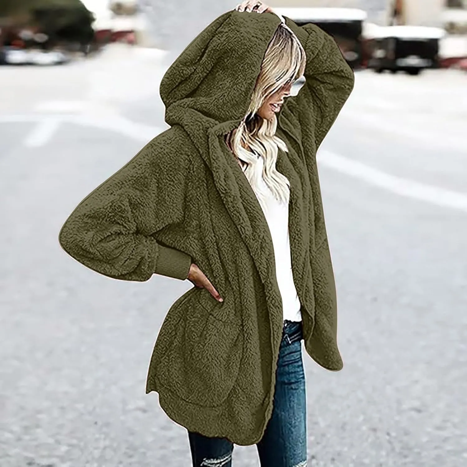 Womens 2024 Winter Outerwear Long Sleeve Solid Fuzzy Fleece Open Front Hooded Cardigans Jacket Coats with Pocket