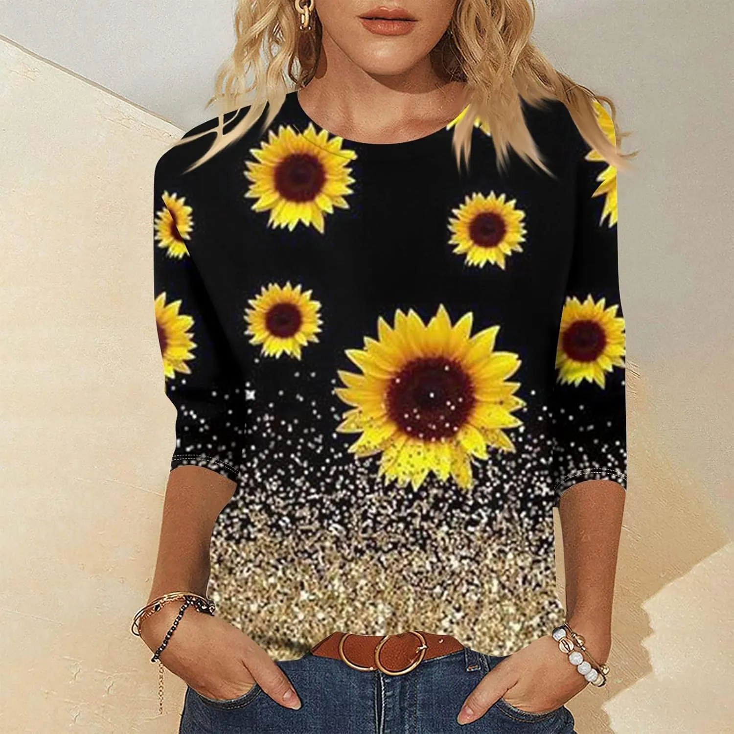 Womens 3/4 Length Sleeve Summer Shirts Floral Boho Blouses Tshirts Trendy Dressy Casual Tops Vacation 2024 Clothing