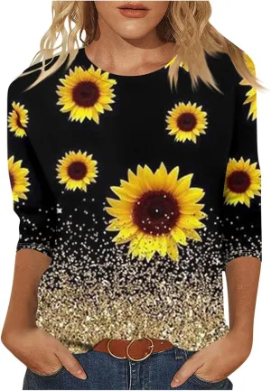 Womens 3/4 Length Sleeve Summer Shirts Floral Boho Blouses Tshirts Trendy Dressy Casual Tops Vacation 2024 Clothing