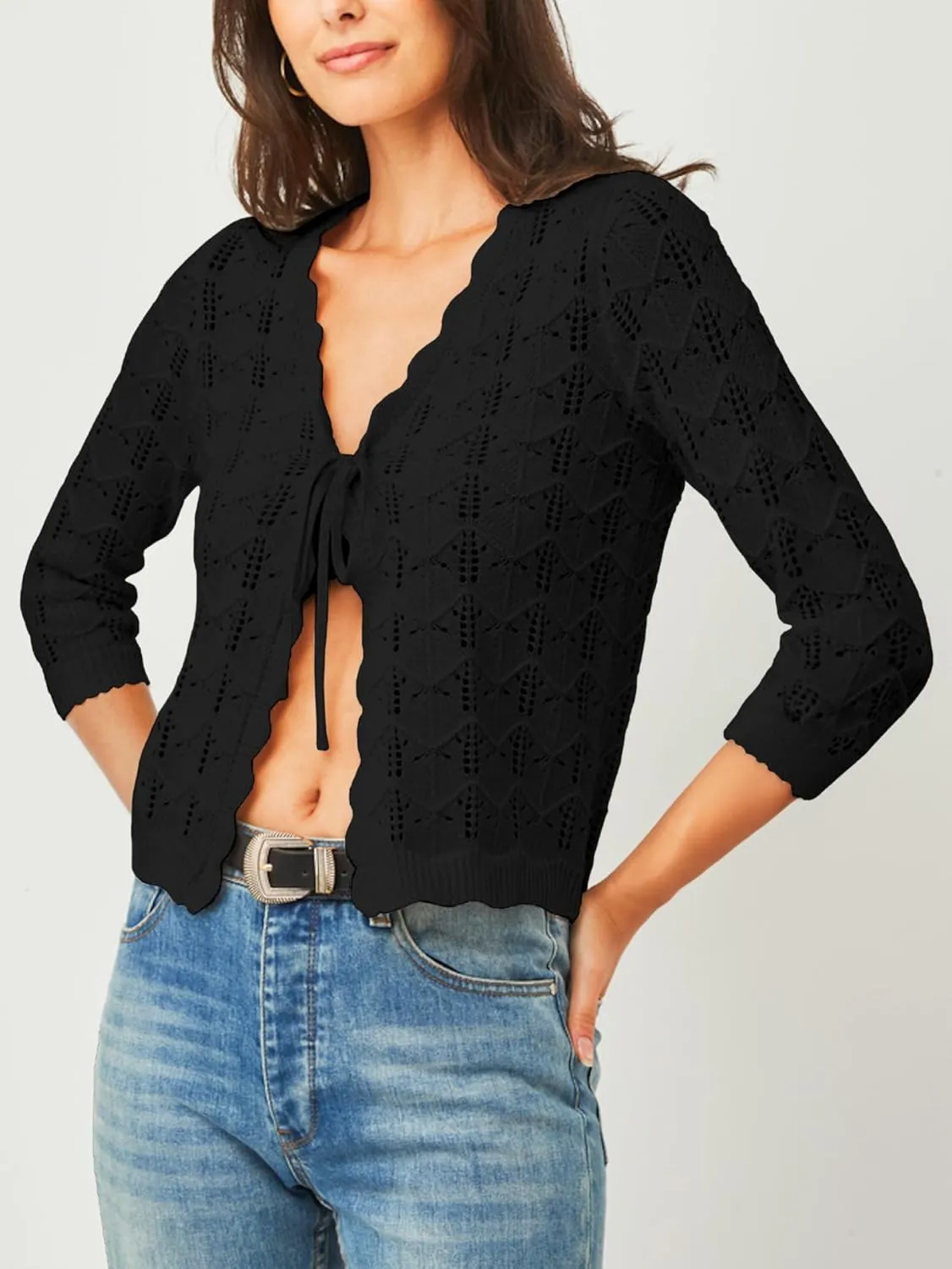 Women's Bolero Shrug 3/4 Sleeve Cropped Cardigan Tie Front Shrug Sweaters Casual Jacket for Dresses