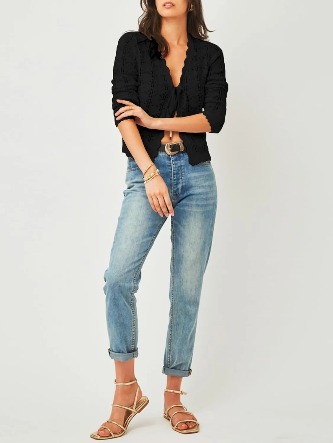 Women's Bolero Shrug 3/4 Sleeve Cropped Cardigan Tie Front Shrug Sweaters Casual Jacket for Dresses
