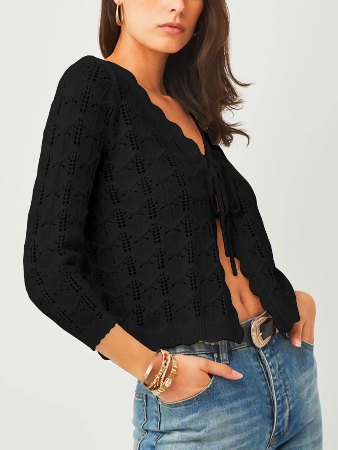 Women's Bolero Shrug 3/4 Sleeve Cropped Cardigan Tie Front Shrug Sweaters Casual Jacket for Dresses
