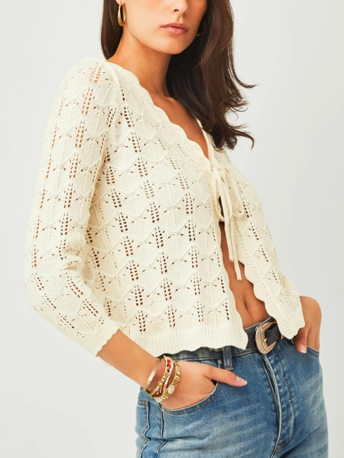 Women's Bolero Shrug 3/4 Sleeve Cropped Cardigan Tie Front Shrug Sweaters Casual Jacket for Dresses