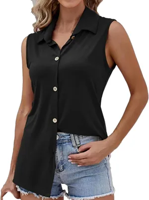 Womens Business Tank Tops Solid Color V Neck Sleeveless Button Down Shirts Casual Fashion Loose Work Office Blouse
