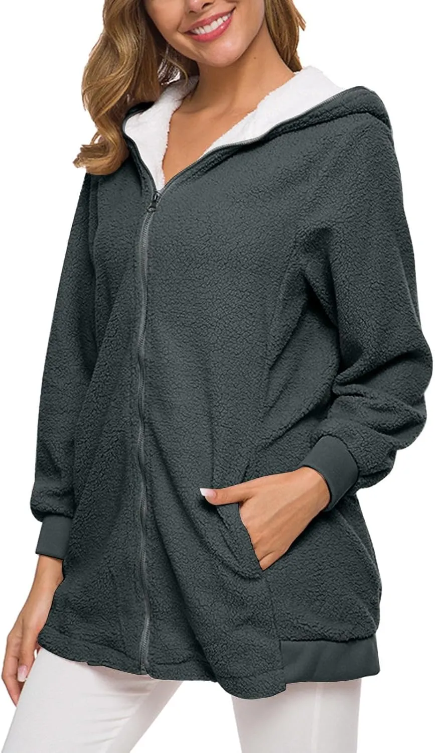 Women's Casual Cardigan Winter Coat Hooded Fleece Jacket Fuzzy Fleece Open Front Hooded Sweater with Pockets