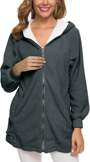 Women's Casual Cardigan Winter Coat Hooded Fleece Jacket Fuzzy Fleece Open Front Hooded Sweater with Pockets