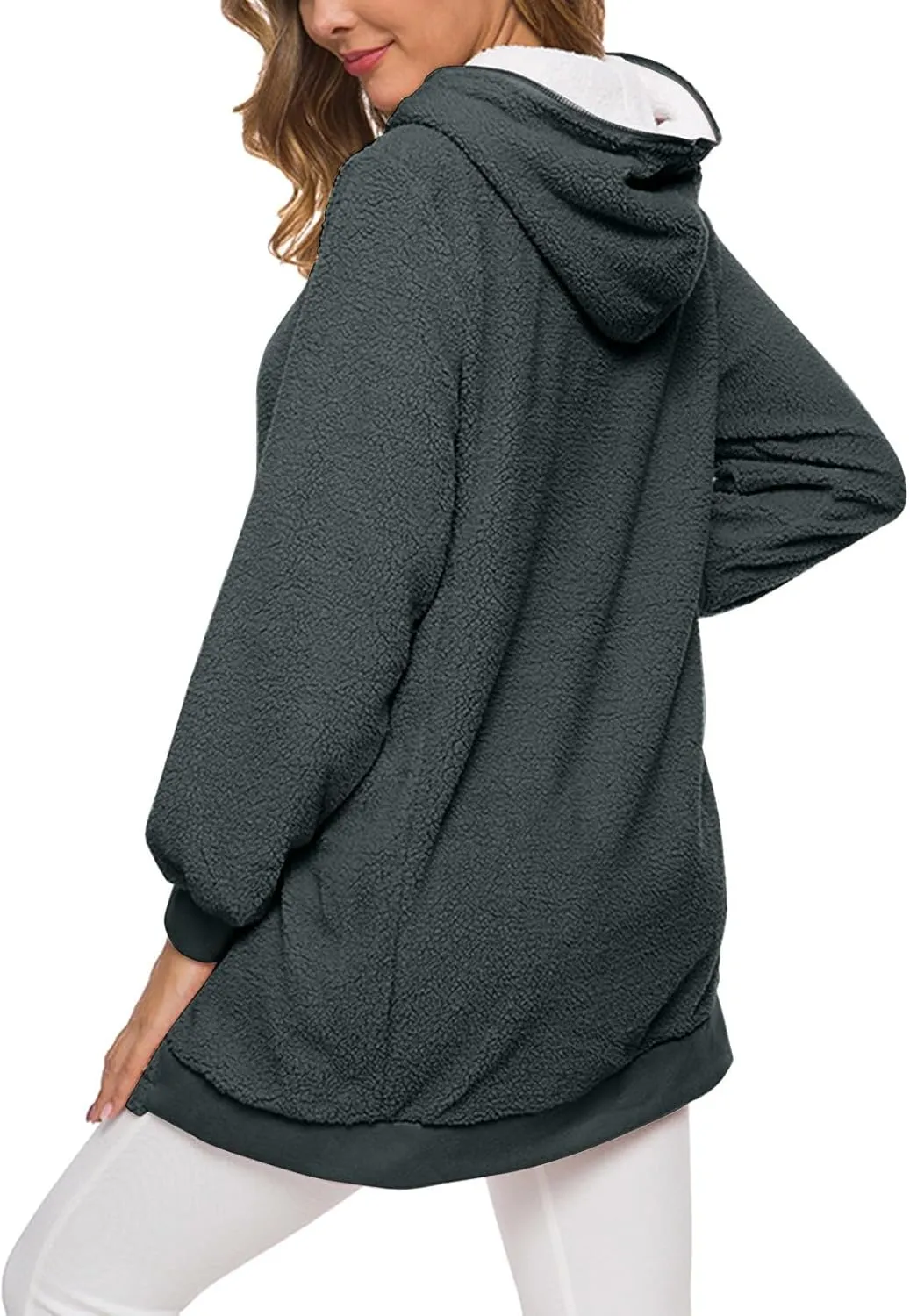 Women's Casual Cardigan Winter Coat Hooded Fleece Jacket Fuzzy Fleece Open Front Hooded Sweater with Pockets