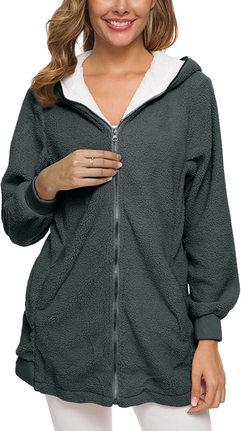 Women's Casual Cardigan Winter Coat Hooded Fleece Jacket Fuzzy Fleece Open Front Hooded Sweater with Pockets