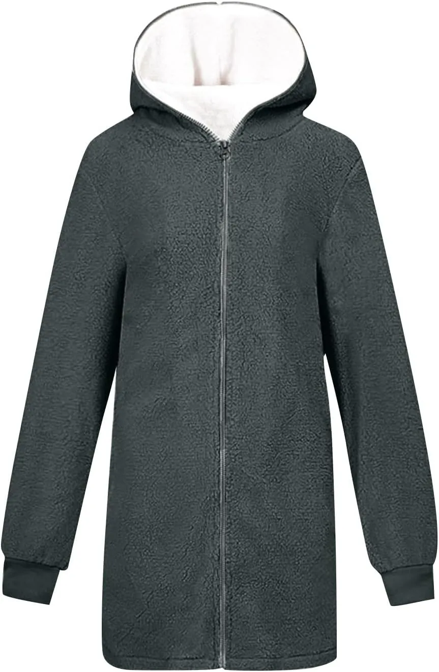 Women's Casual Cardigan Winter Coat Hooded Fleece Jacket Fuzzy Fleece Open Front Hooded Sweater with Pockets