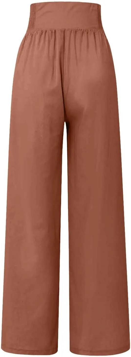 Womens Casual Pants Straight Leg Pants Elastic High Waist Long Pants Soft Comfy Work Trousers Lounge Pants Pockets