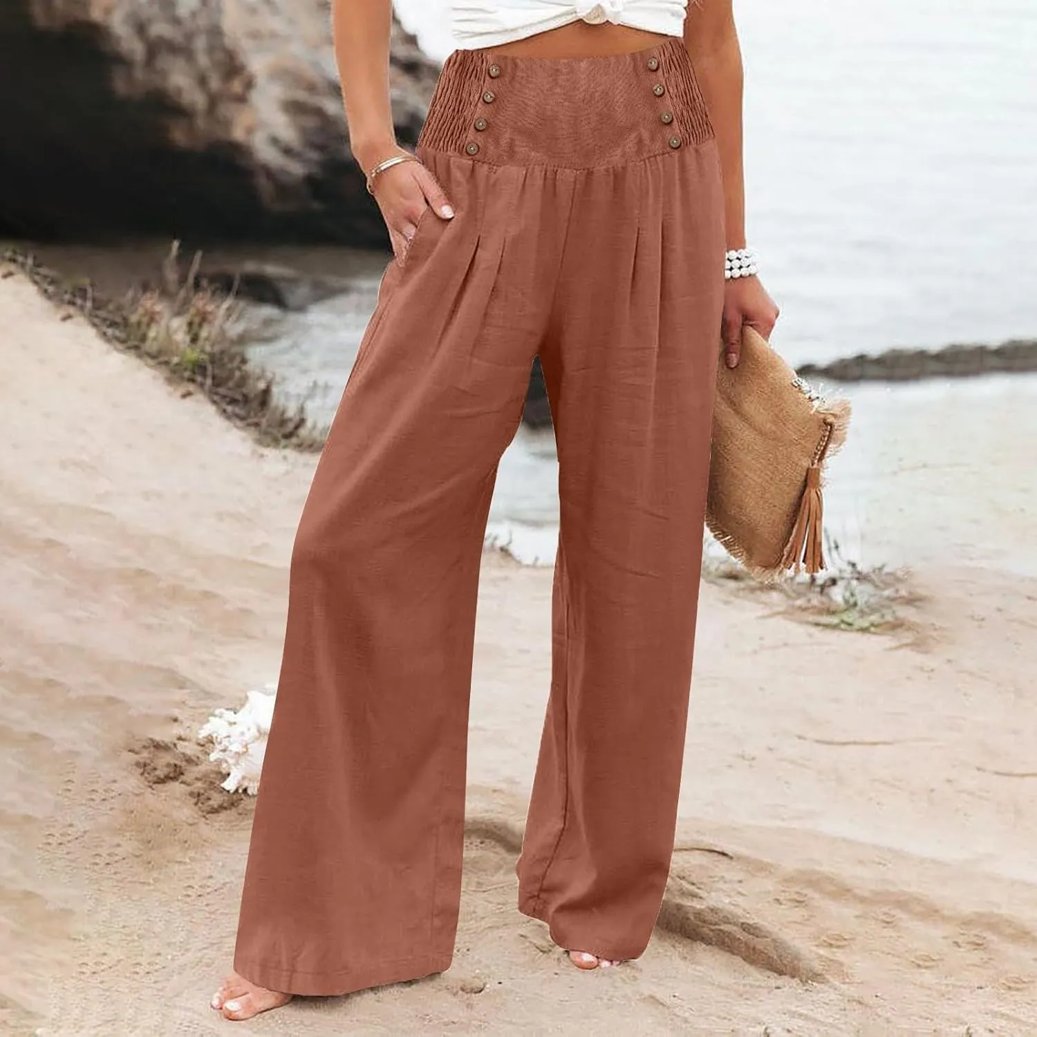 Womens Casual Pants Straight Leg Pants Elastic High Waist Long Pants Soft Comfy Work Trousers Lounge Pants Pockets