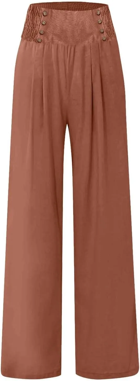 Womens Casual Pants Straight Leg Pants Elastic High Waist Long Pants Soft Comfy Work Trousers Lounge Pants Pockets
