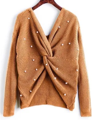 Womens Casual Sexy Back Twist Sweaters V Neck Long Sleeve Ribbed Knit Pullover Tops 2023 Trendy Solid Tops