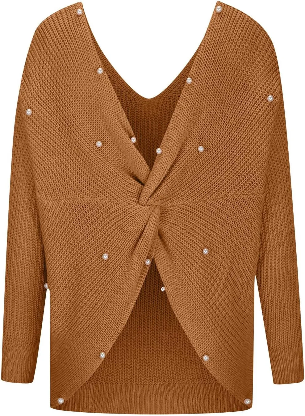Womens Casual Sexy Back Twist Sweaters V Neck Long Sleeve Ribbed Knit Pullover Tops 2023 Trendy Solid Tops