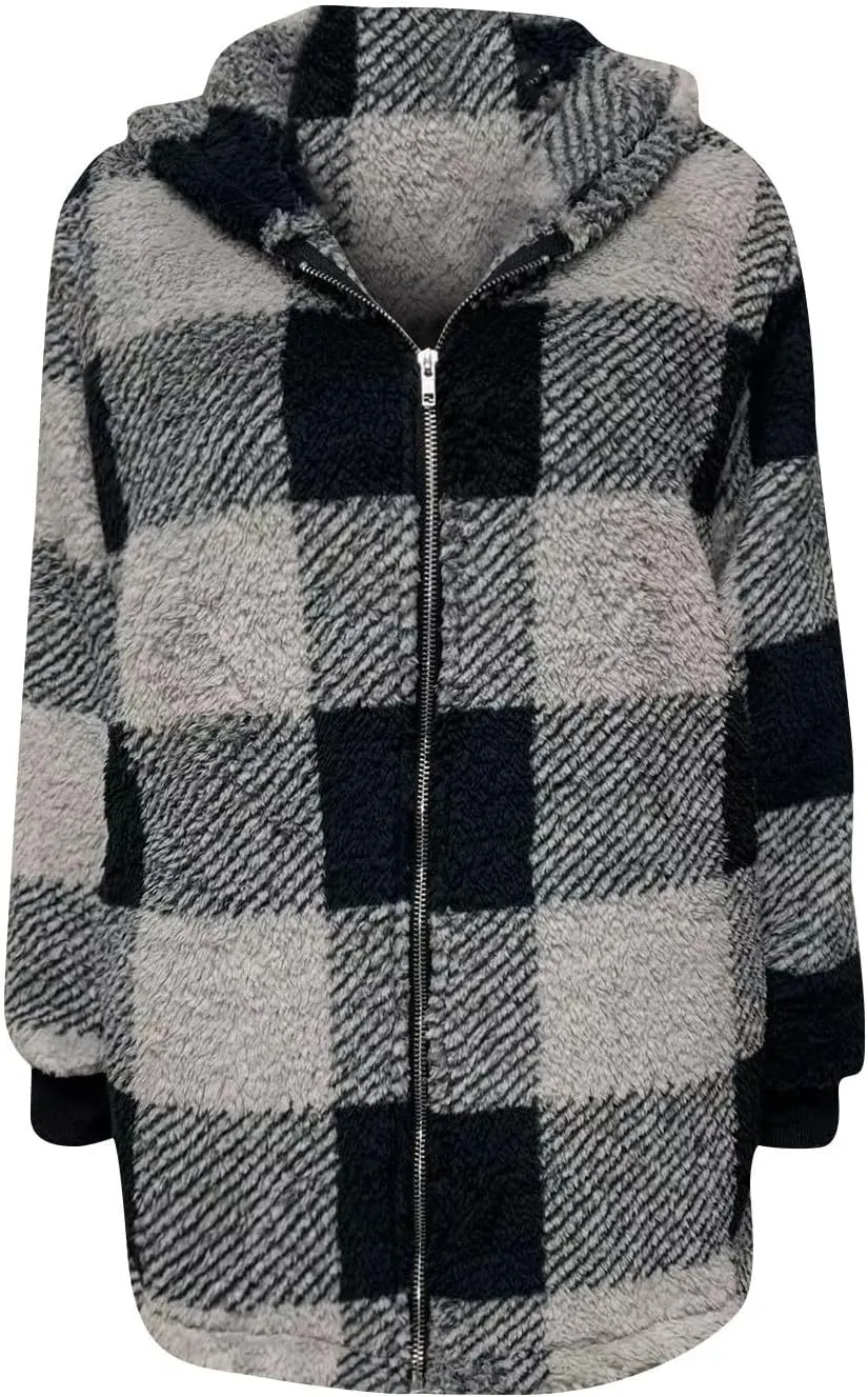 Womens Coat Winter Trendy Fuzzy Fleece Hoodies Zip Up Sherpa Fall Jackets Warm Plaid Cardigans With Pockets Outfits