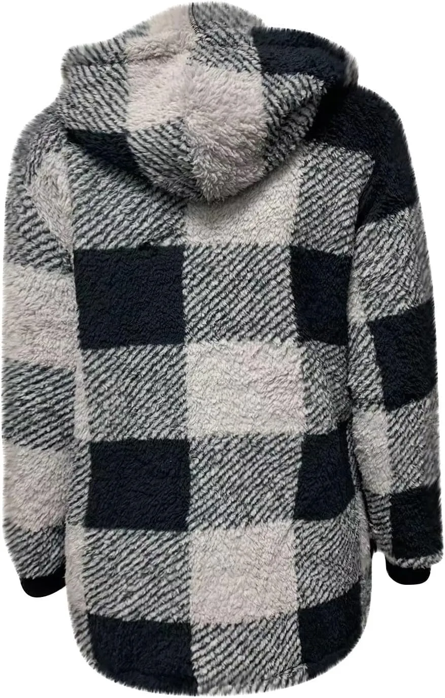 Womens Coat Winter Trendy Fuzzy Fleece Hoodies Zip Up Sherpa Fall Jackets Warm Plaid Cardigans With Pockets Outfits