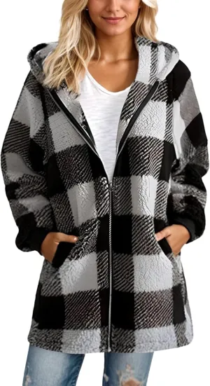Womens Coat Winter Trendy Fuzzy Fleece Hoodies Zip Up Sherpa Fall Jackets Warm Plaid Cardigans With Pockets Outfits