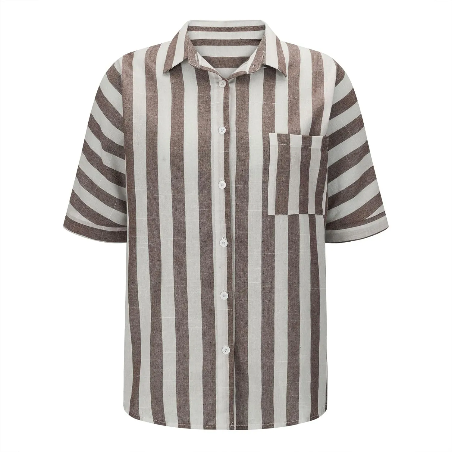 Womens Cotton Linen Stripes Shirts with Pockets Short Sleeve Button Down Summer Tops Collar V Neck Casual Loose Blouse