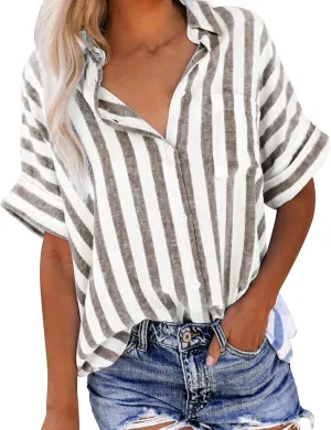 Womens Cotton Linen Stripes Shirts with Pockets Short Sleeve Button Down Summer Tops Collar V Neck Casual Loose Blouse