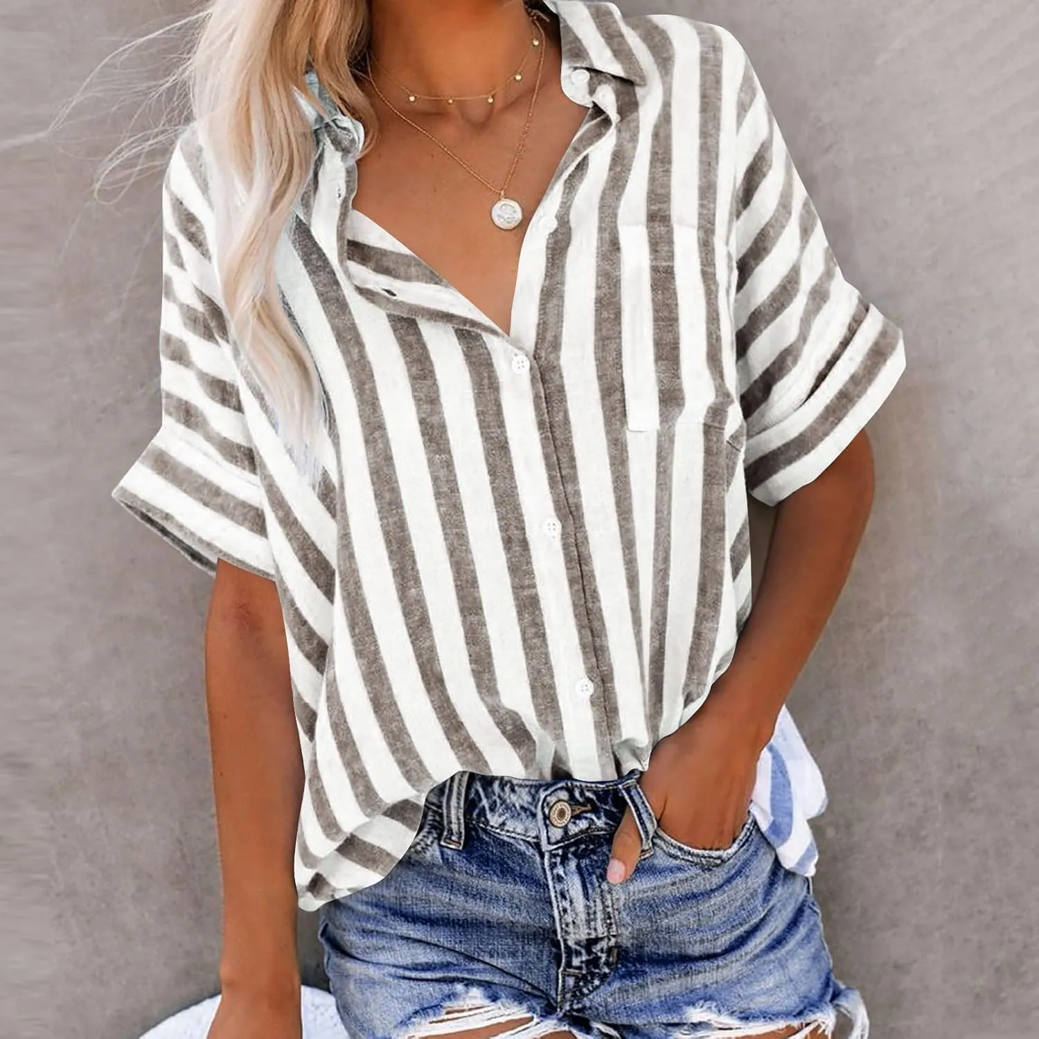 Womens Cotton Linen Stripes Shirts with Pockets Short Sleeve Button Down Summer Tops Collar V Neck Casual Loose Blouse