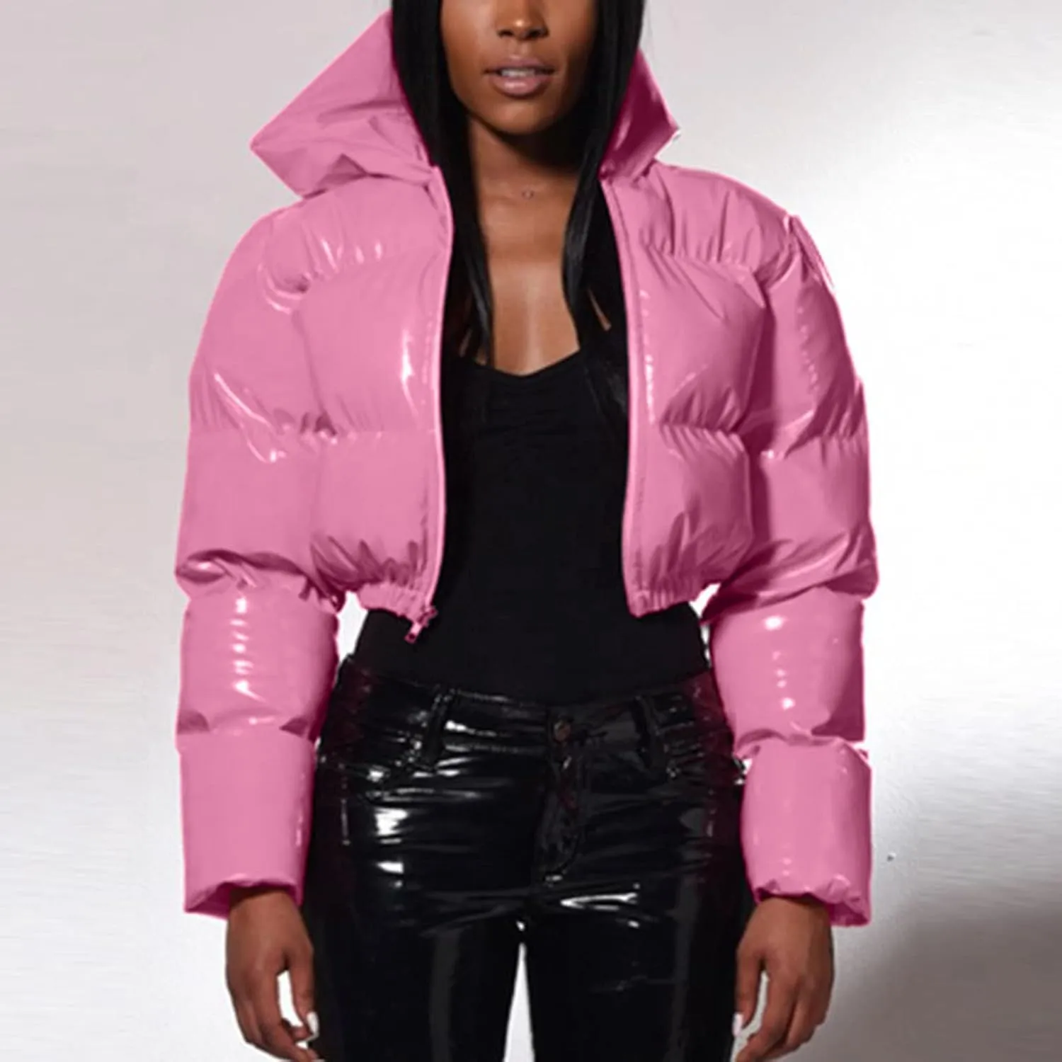 Womens Cropped Puffer Jackets with Hood Warm Shiny Padded Down Coat Fashion Winter Fluffy Zipper Short Quilted Jacket