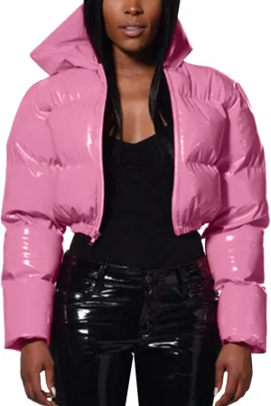 Womens Cropped Puffer Jackets with Hood Warm Shiny Padded Down Coat Fashion Winter Fluffy Zipper Short Quilted Jacket