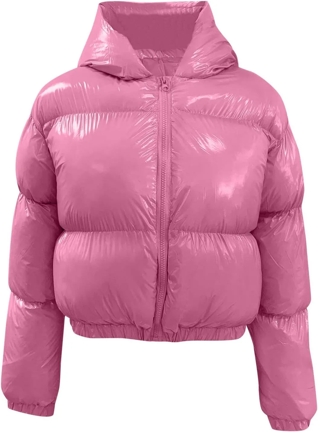 Womens Cropped Puffer Jackets with Hood Warm Shiny Padded Down Coat Fashion Winter Fluffy Zipper Short Quilted Jacket