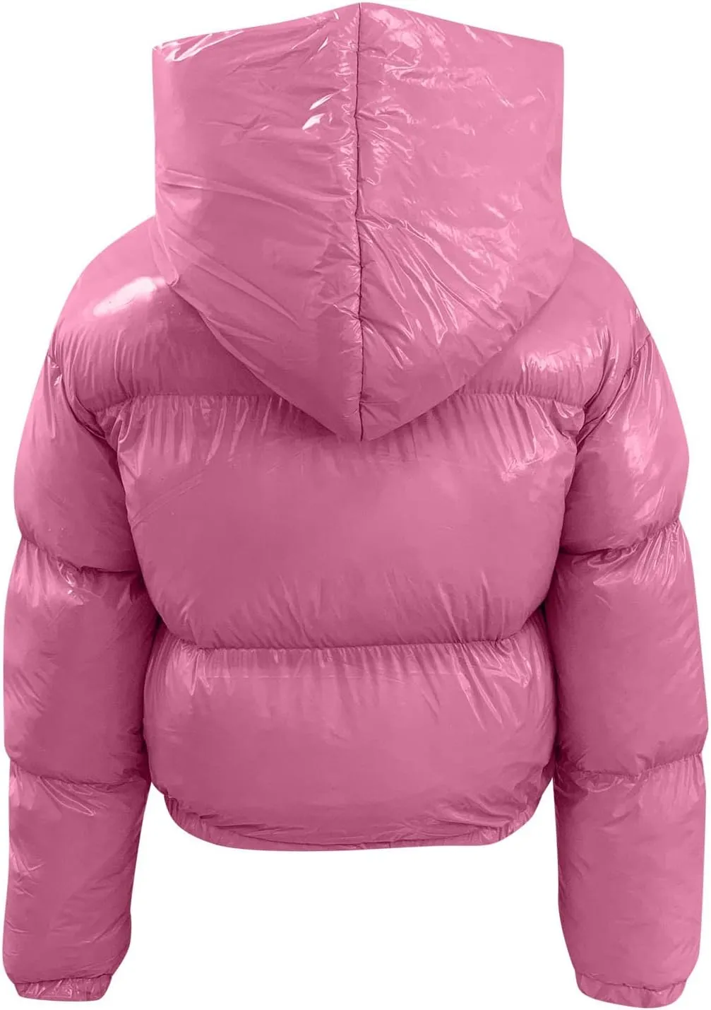 Womens Cropped Puffer Jackets with Hood Warm Shiny Padded Down Coat Fashion Winter Fluffy Zipper Short Quilted Jacket