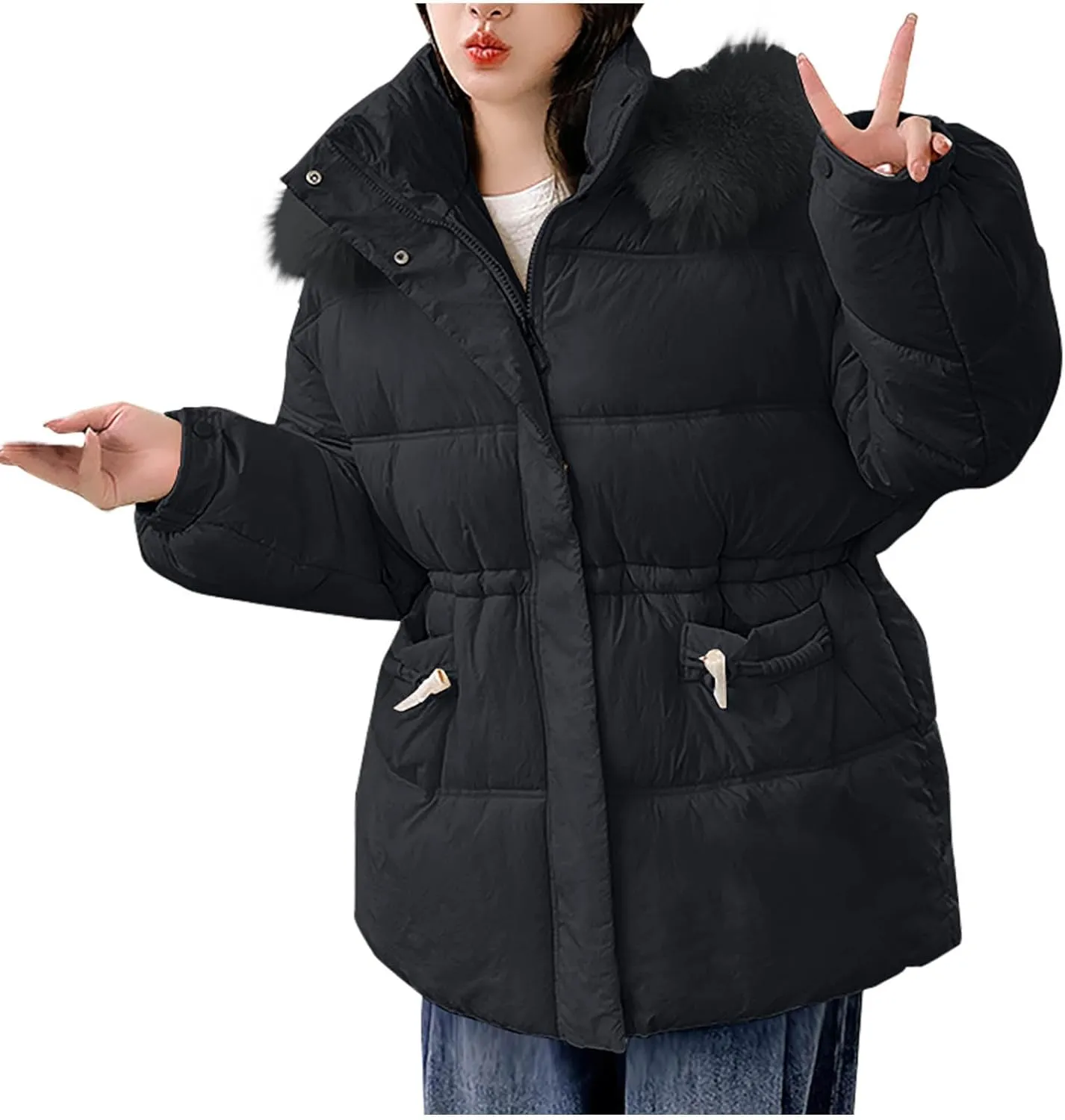 Women's Down Jacket Winter Long Puffer Parka Coat with Fur Hood Warmer Soft Comforable Jackets Solid Zipper Outwear