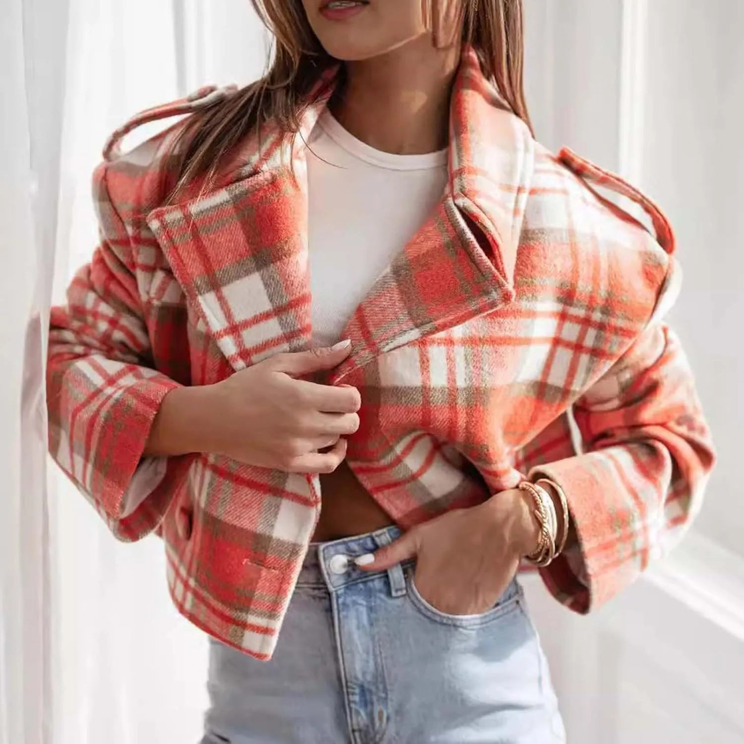 Women's Fall Winter Cropped Pea Coats Double Breasted Plaid Wool Blend Blazer Business Casual Fashion Jackets