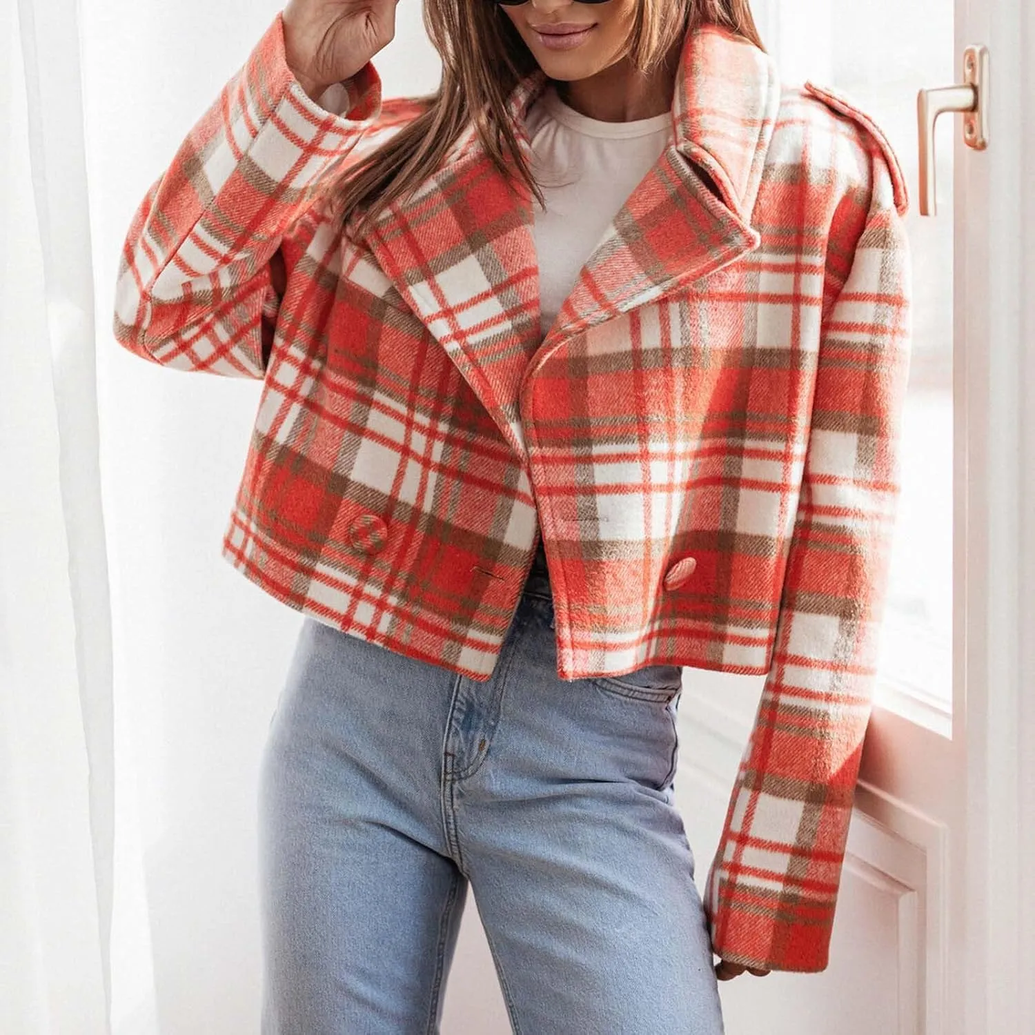 Women's Fall Winter Cropped Pea Coats Double Breasted Plaid Wool Blend Blazer Business Casual Fashion Jackets
