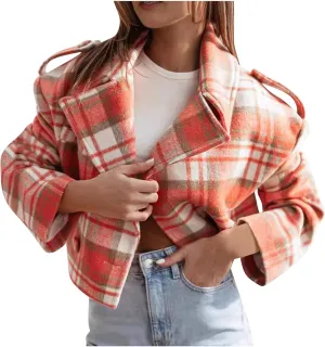 Women's Fall Winter Cropped Pea Coats Double Breasted Plaid Wool Blend Blazer Business Casual Fashion Jackets