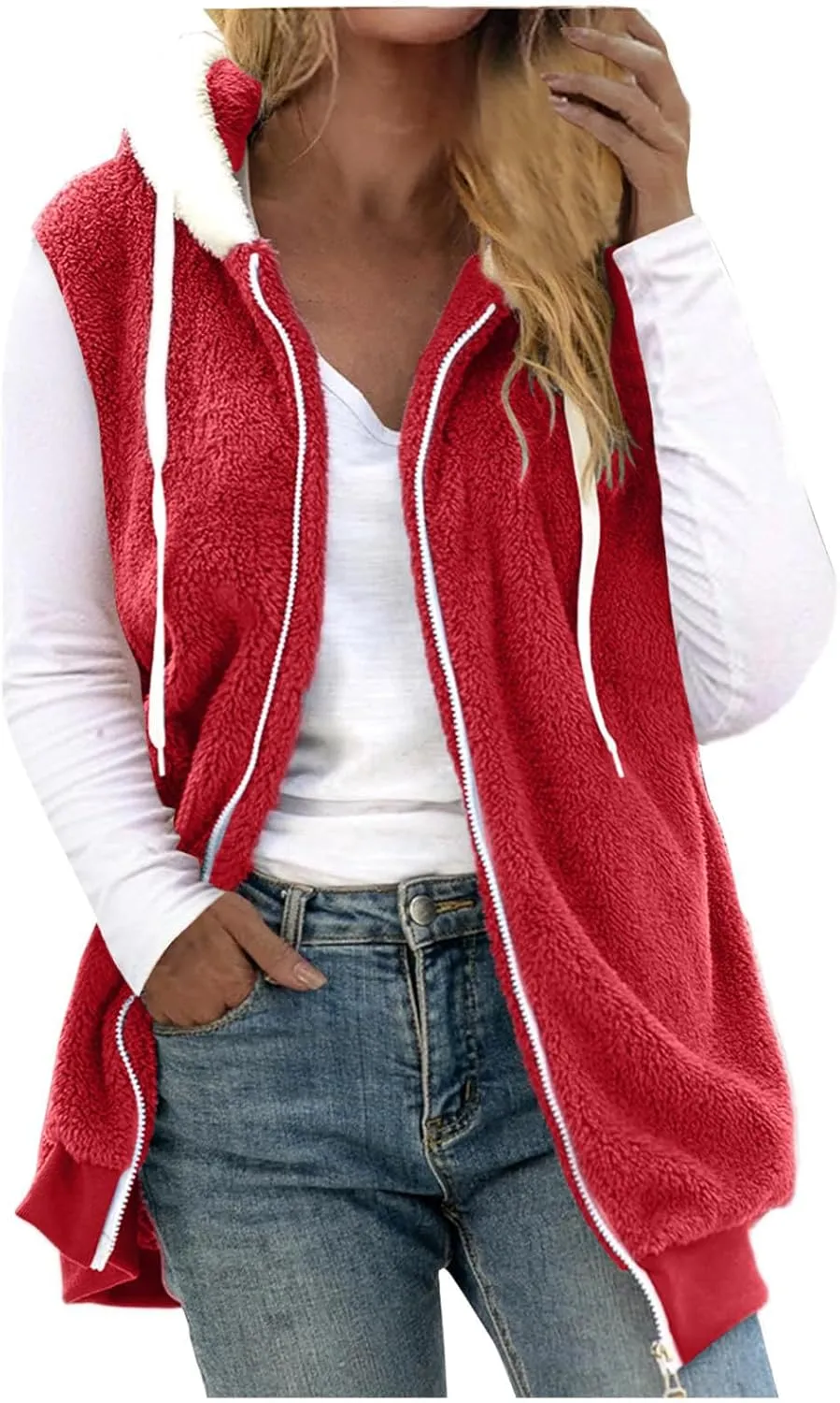 Womens Fall Winter Sleeveless Coat Zip Up Hoodie Jacket Warm Sherpa Jackets Vest Coats with Pockets
