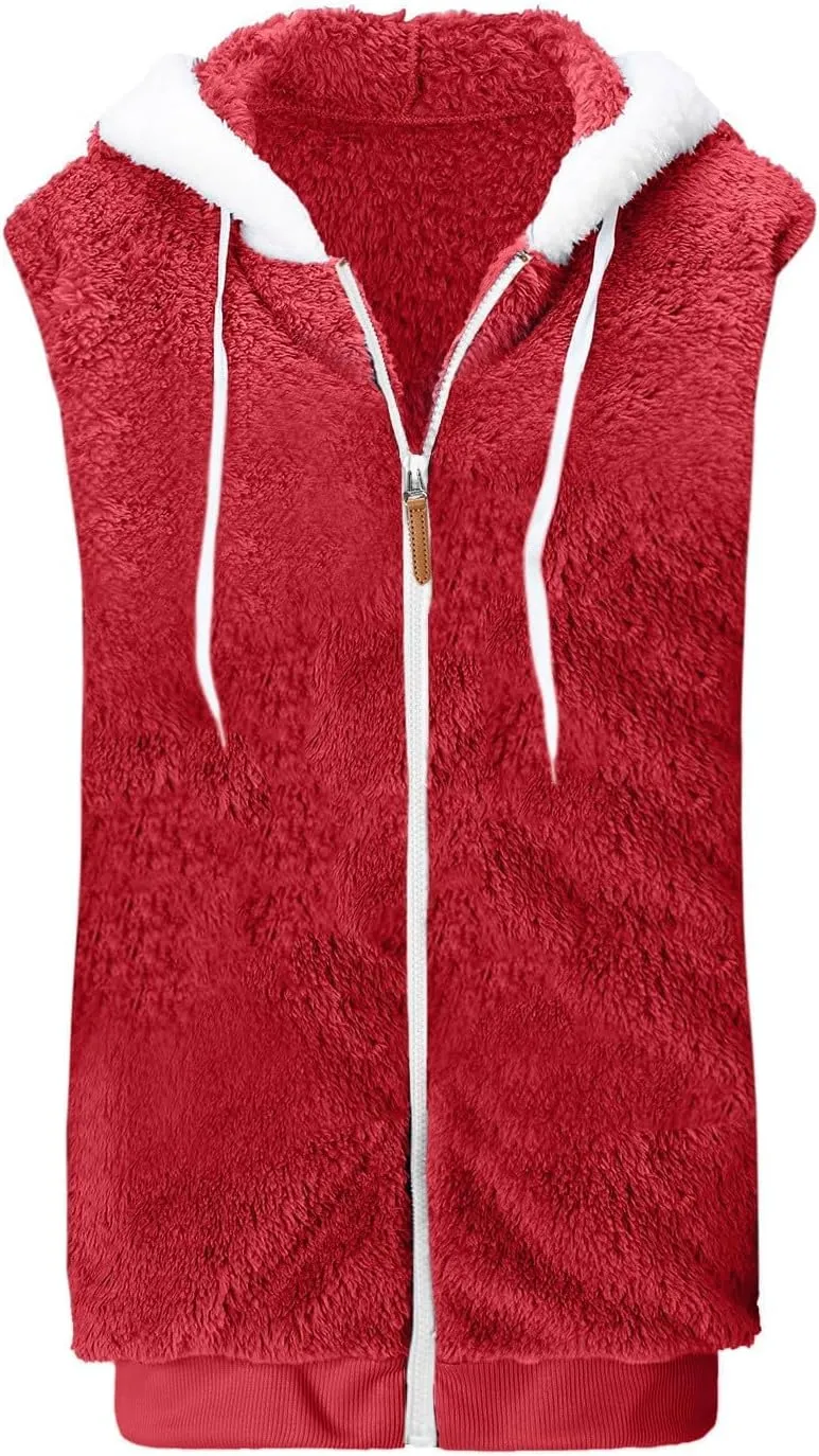 Womens Fall Winter Sleeveless Coat Zip Up Hoodie Jacket Warm Sherpa Jackets Vest Coats with Pockets