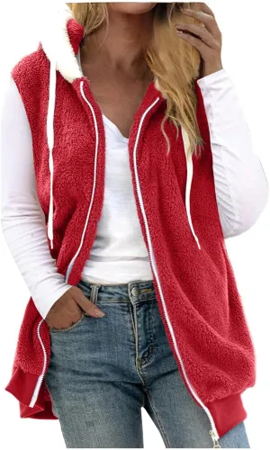 Womens Fall Winter Sleeveless Coat Zip Up Hoodie Jacket Warm Sherpa Jackets Vest Coats with Pockets